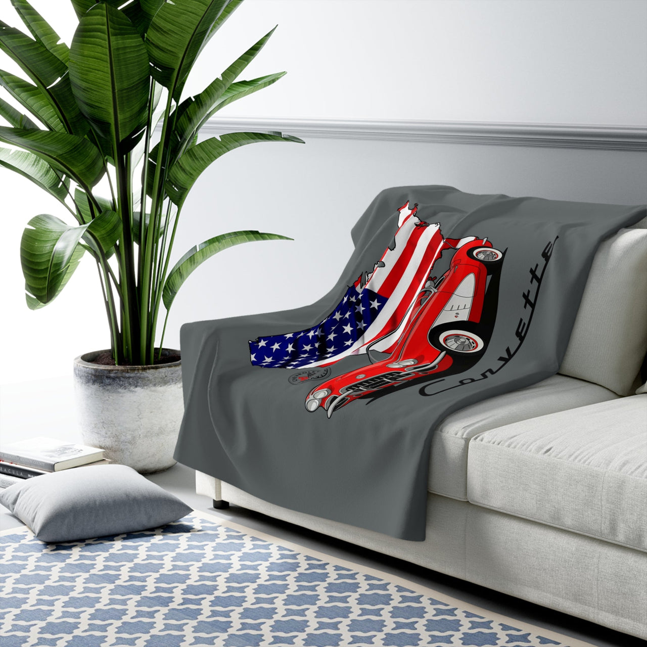 C1 Corvette American Flag 50 x 60 Inch Sherpa Fleece Blanket