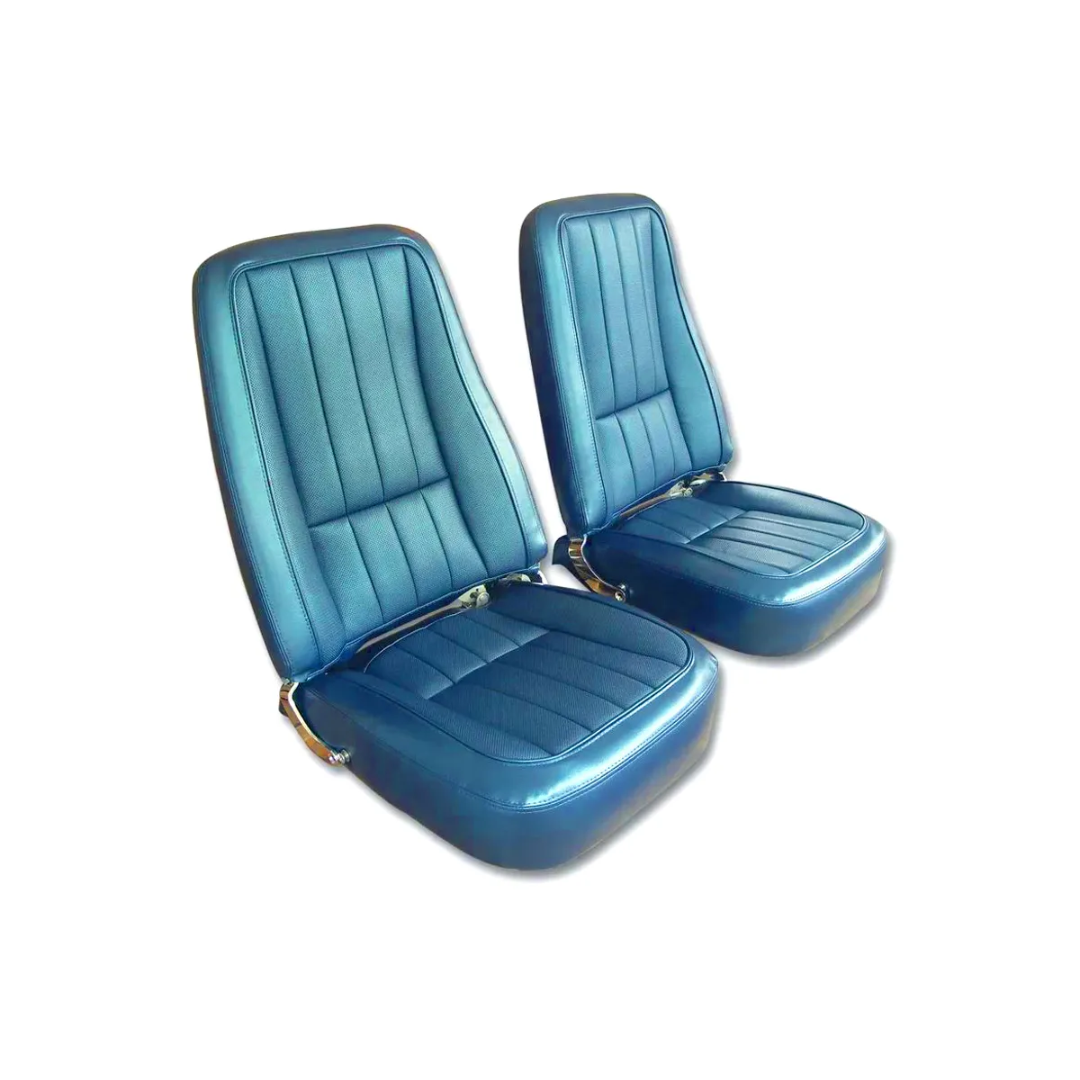C3 1968 Corvette Mounted Seats Bright Blue "Leather-Like" Vinyl 2nd Design W/O Headrest Bracket - CA
