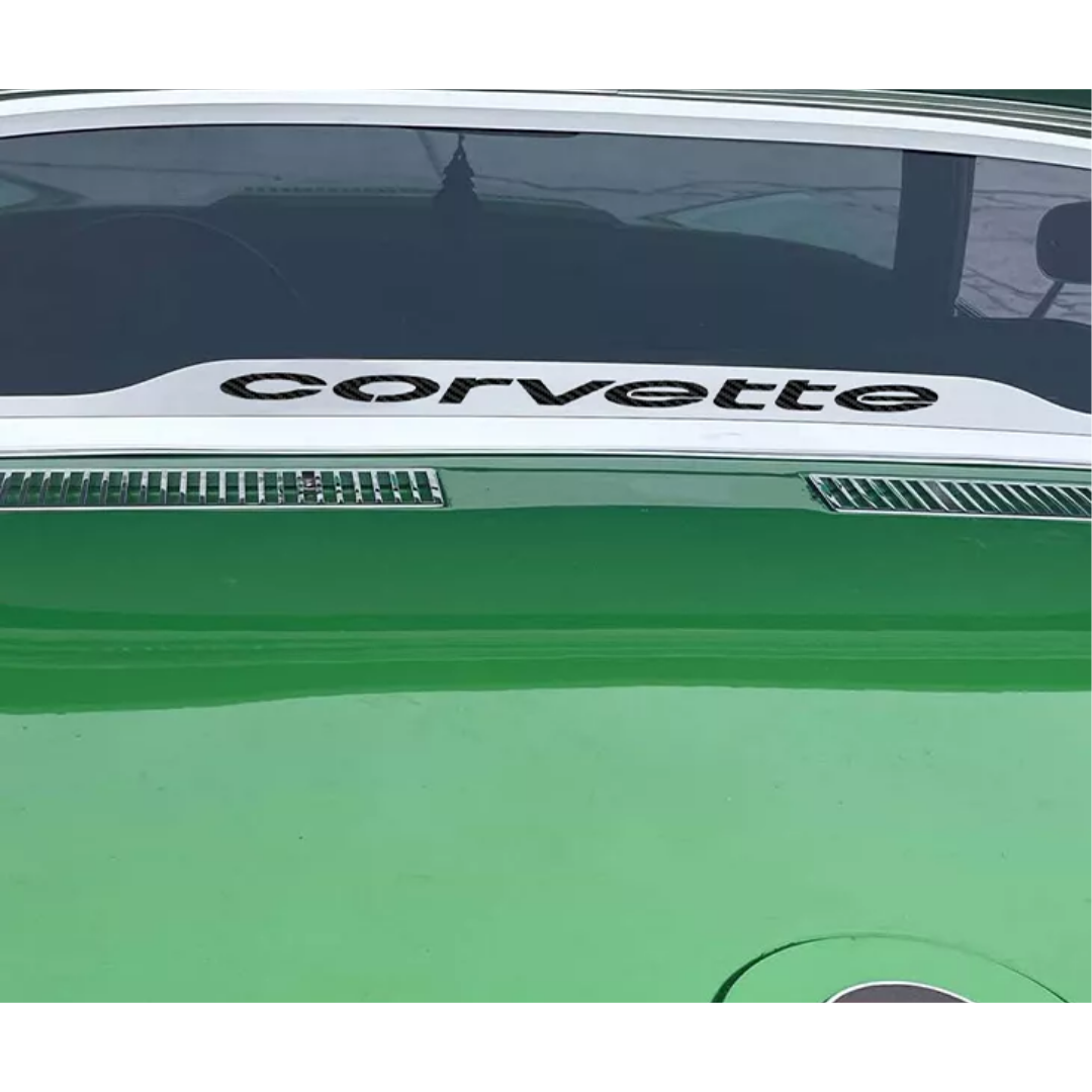 1968-1975 C3 CORVETTE COUPE REAR WINDOW FRAME POLISHED 'CORVETTE' FONT | CARBON FIBER VINYL INLAY