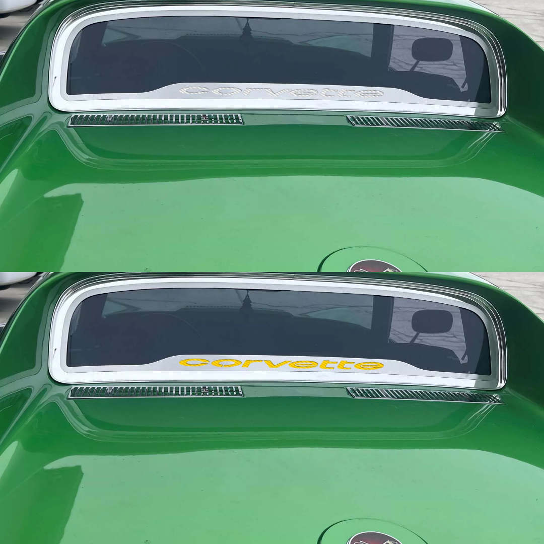 1968-1975 C3 CORVETTE COUPE REAR WINDOW FRAME POLISHED 'CORVETTE' FONT | CARBON FIBER VINYL INLAY
