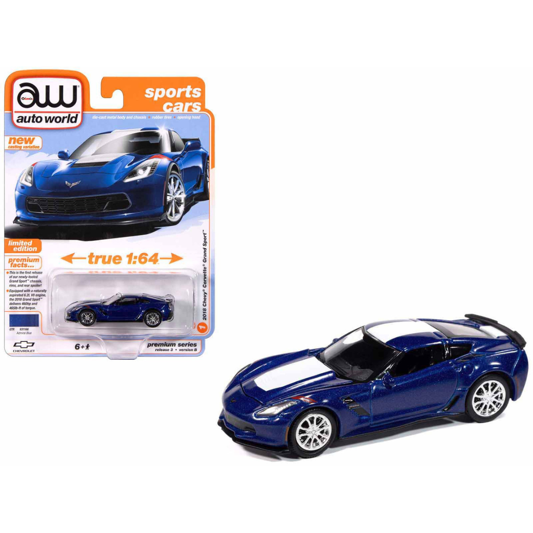 2018 Chevrolet Corvette Grand Sport Admiral Blue with White Stripe "Sports Cars" Series 1/64 Diecast Model Car