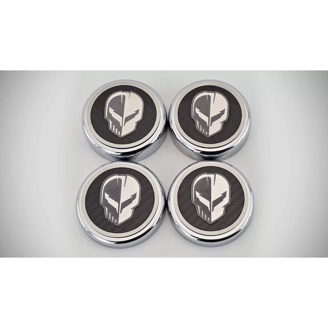 2020-2024 C8 CORVETTE COUPE - CAP COVER SET 4PC CARBON FIBER INSERTS WITH STAINLESS JAKE SKULL LOGO | CHOOSE FINISH/COLOR