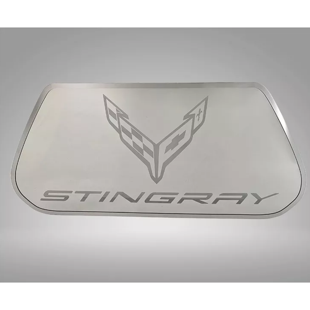 2020-2024 C8 CORVETTE - STAINLESS HOOD PANEL CROSS FLAG LOGO AND STINGRAY ETCHED | BRUSHED FINISH