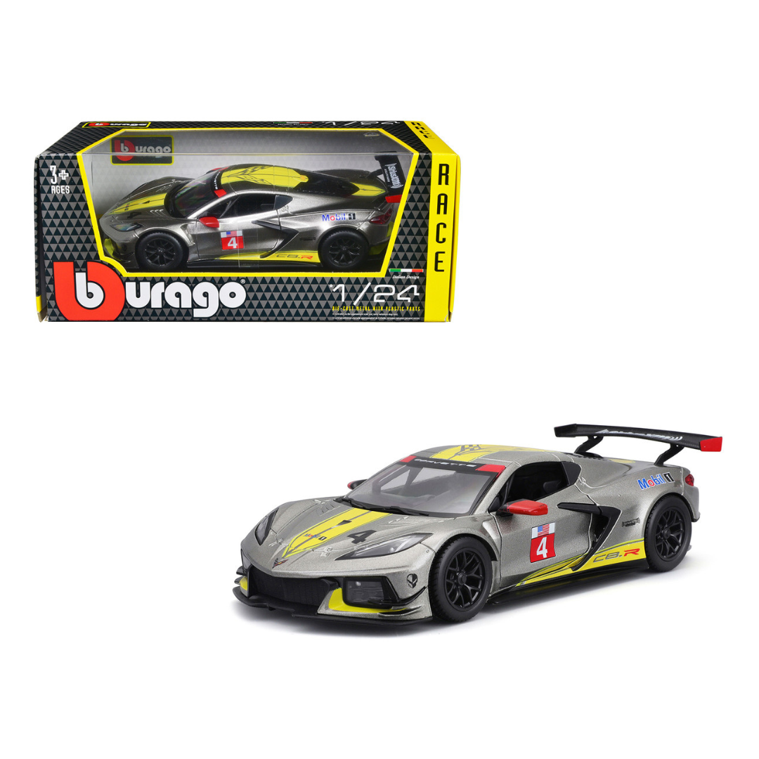 2020-chevrolet-corvette-c8-r-4-silver-metallic-with-yellow-stripes-race-series-1-24-diecast-model-car-by-bburago