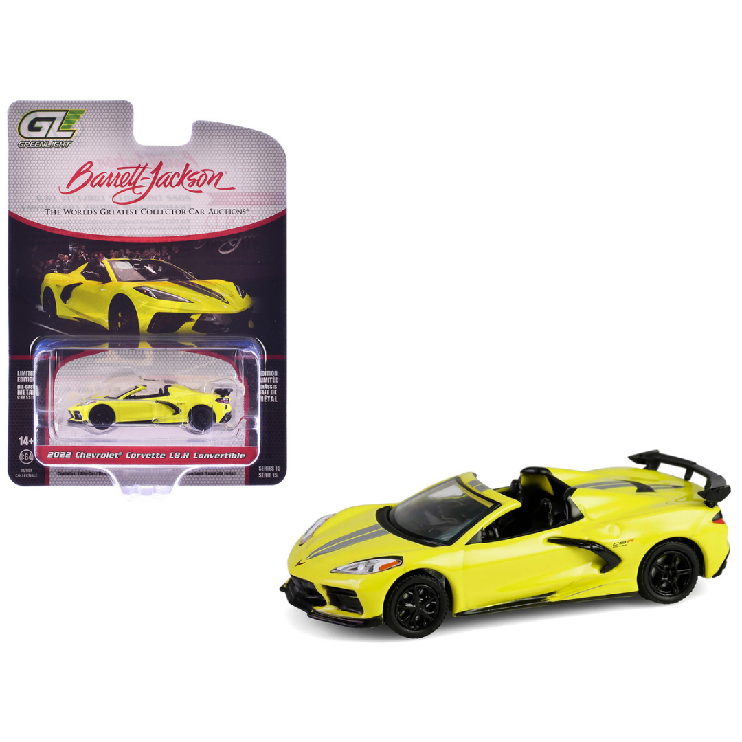 2022 Chevrolet Corvette C8.R Convertible Yellow with Silver Stripes "Barrett-Jackson" Series 15 1/64 Diecast Model Car