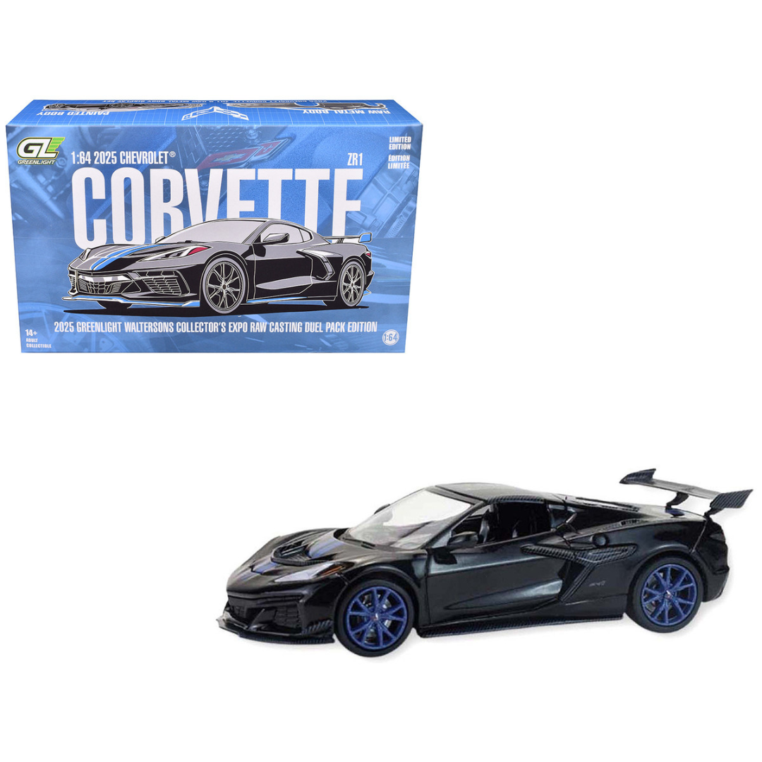 2025 Chevrolet Corvette C8 ZR1 Black with Blue Stripes with Raw Casting Dual Pack "2025 Greenlight Waltersons Collector's Expo Exclusive" 1/64 Diecast Model Car