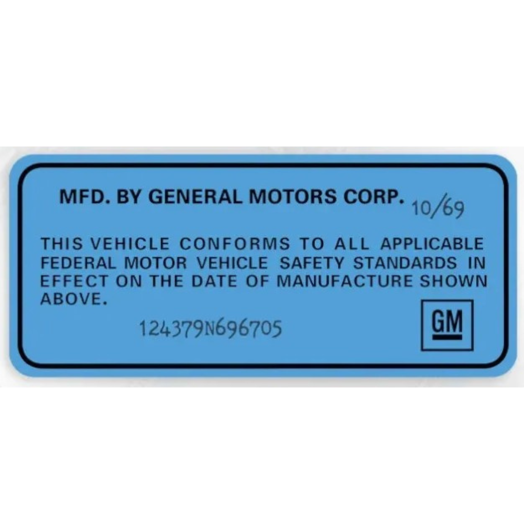 C3 1969-1972 Corvette GM Licensed Door Jamb VIN Data Decal - Blue - Sold Individually - CA