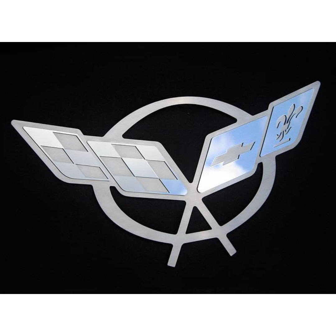 C5 Corvette Crossed Flag Hood Liner Badge - Stainless Steel