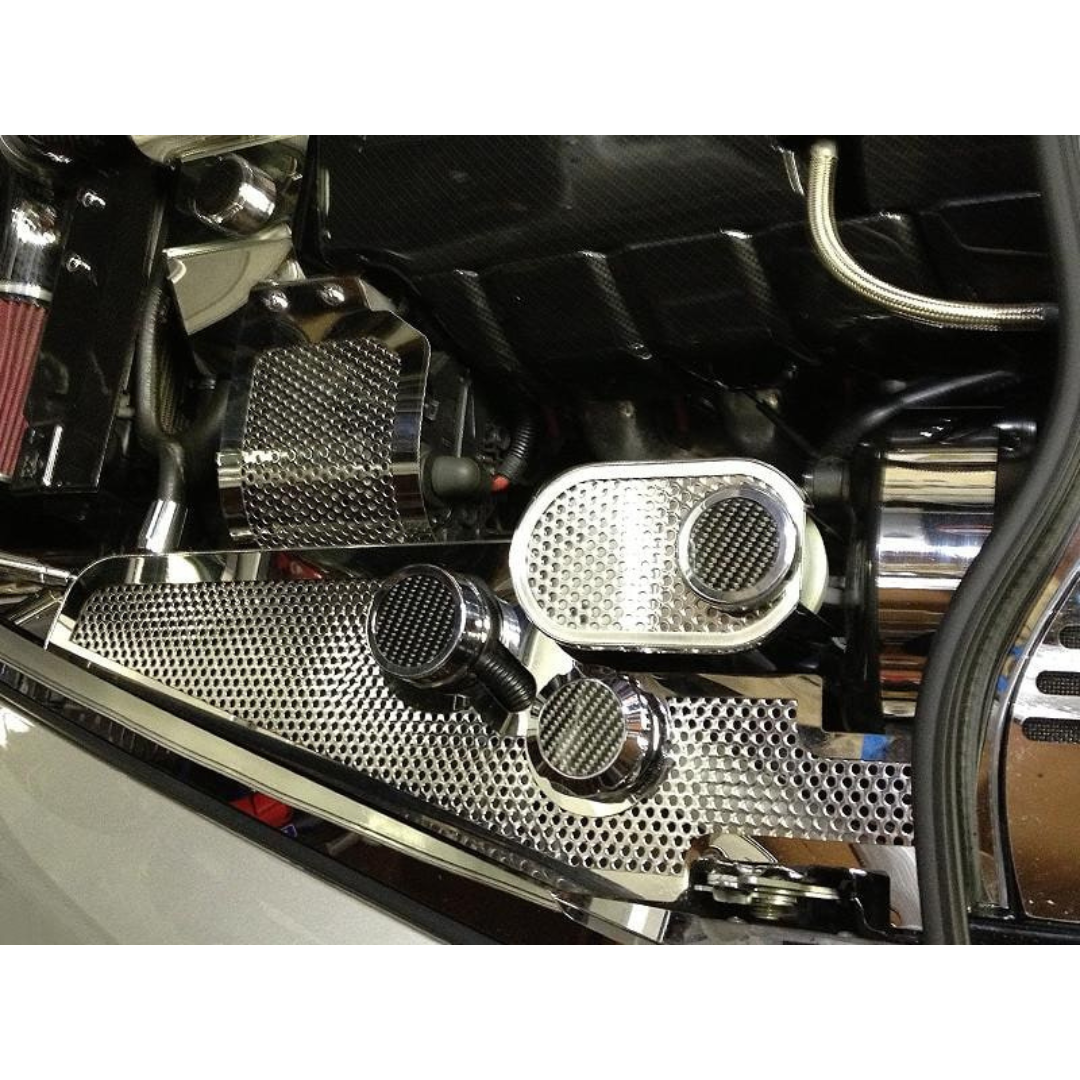 C6 Corvette Water Tank Cover w/ Caps - Perforated Polished Stainless Steel (Automatic)