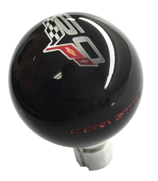 2005-2013 Corvette Black Shift Knob W/60th Crossed Flags & Red Corvette Script - CA-76878-Corvette-Store-Online
