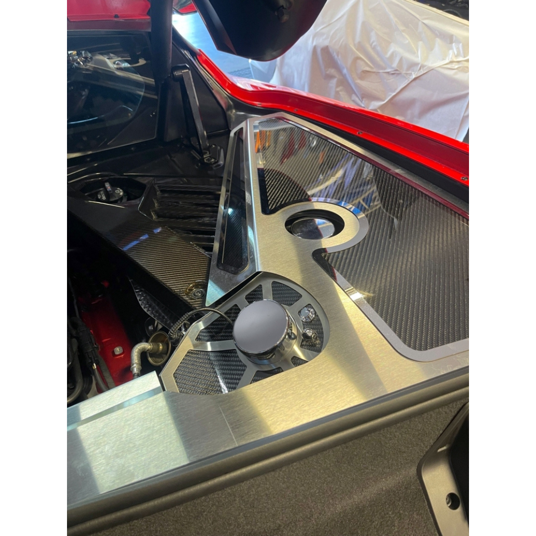 2020-2022 C8 Corvette Coupe Carbon Fiber Shock Tower Covers w/ Brushed Stainless Steel Trim