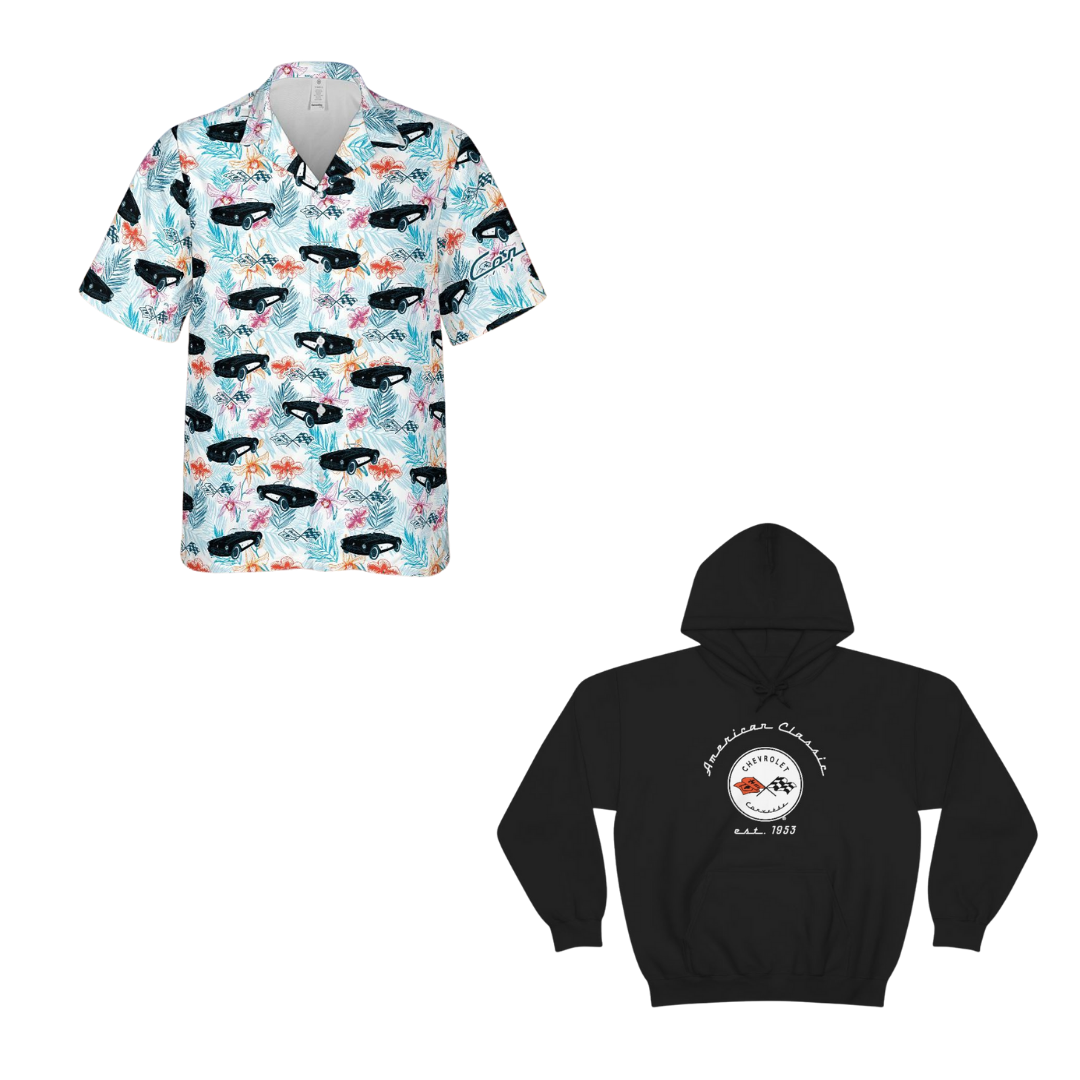 C1 Corvette Classic Bundle – Heavy Blend Hoodie & Tuxedo Black Hawaiian Shirt