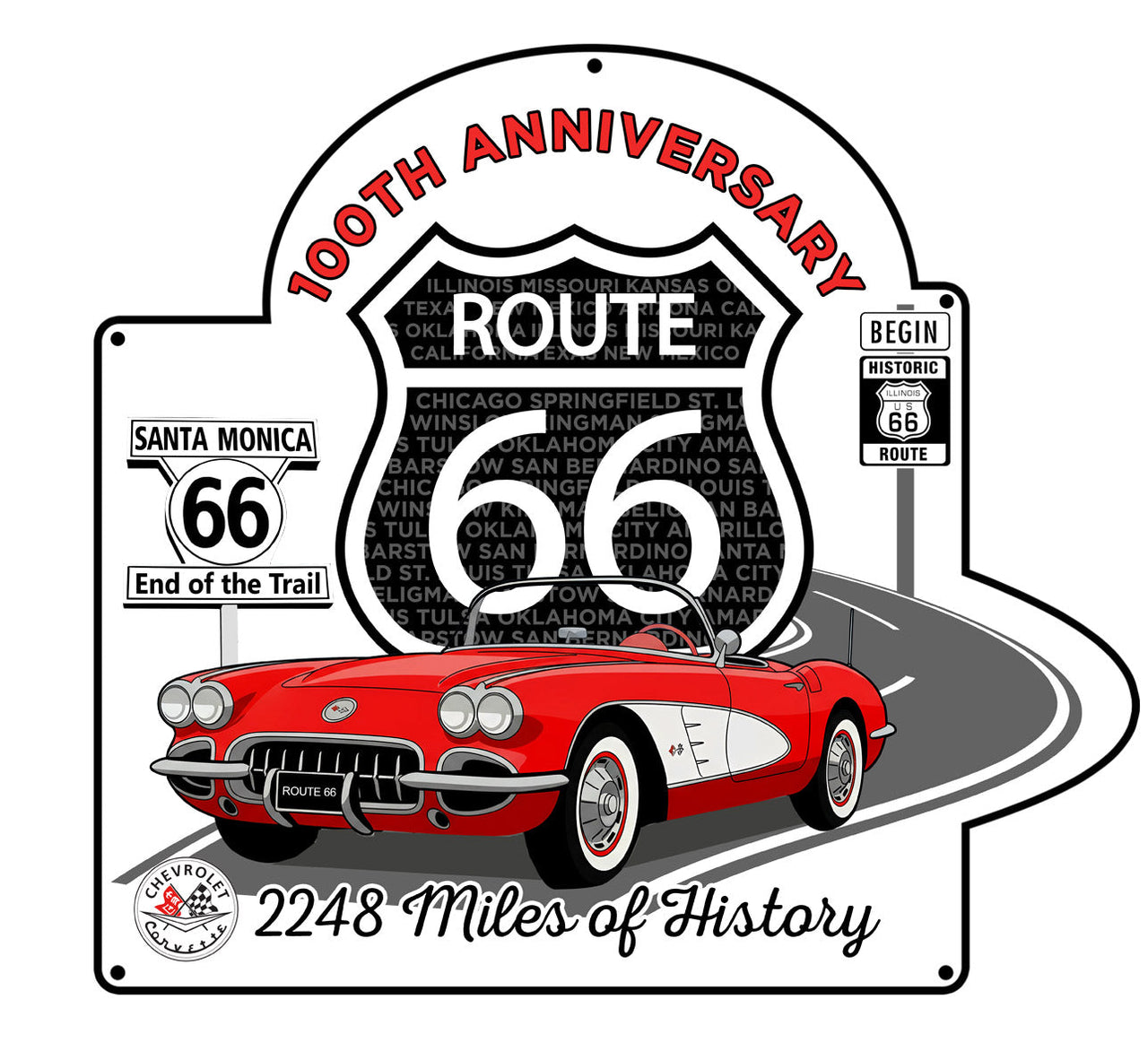 Route 66 100th Anniversary Metal Sign – Red C1 Corvette Edition- Available in 2 Sizes
