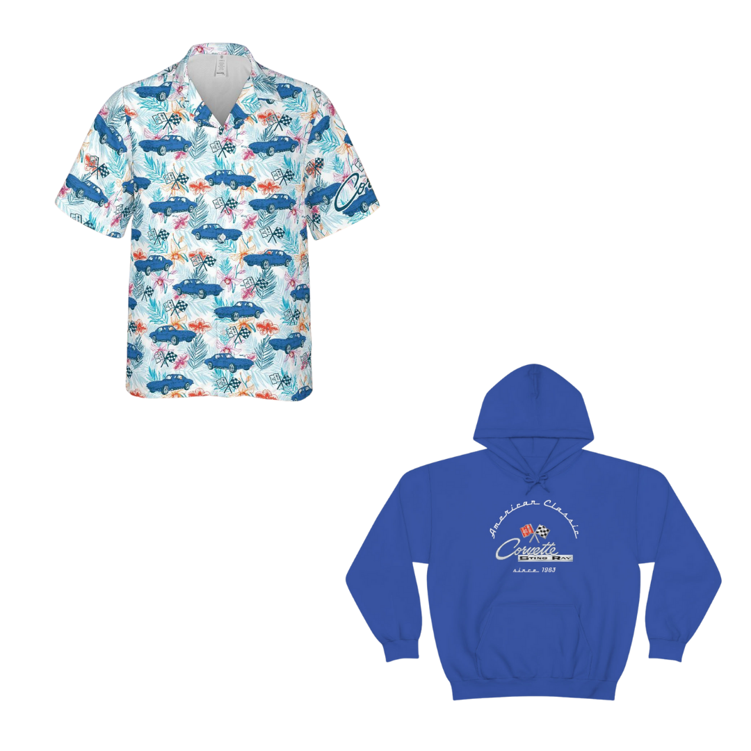 C2 Corvette Heritage Blue Bundle – Stingray Hoodie & Nassau Blue Hawaiian Shirt