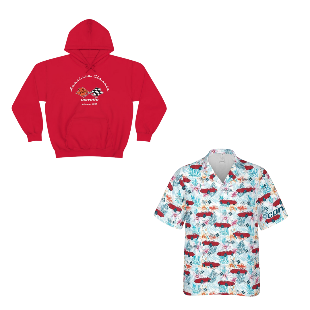 C3 Corvette Roarin' Red Bundle – Heavy Blend Hoodie & Mille Miglia Red Hawaiian Shirt