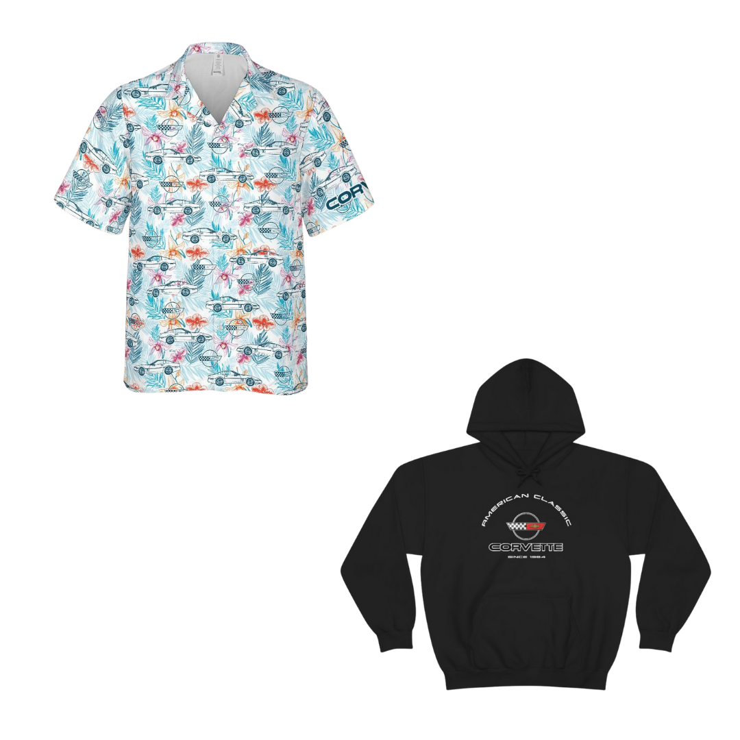C4 Corvette Classic Style Bundle – Heavy Blend Hoodie & Arctic White Hawaiian Shirt
