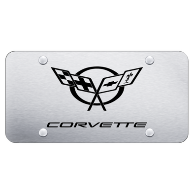 C5 Corvette Crossed Flags License Plate - Laser Etched on Brushed Stainless Steel