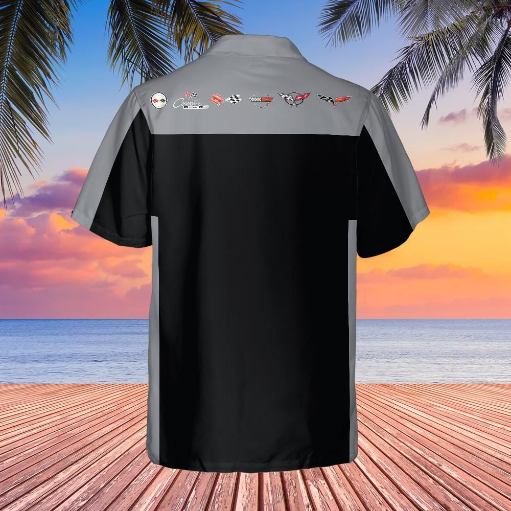 Corvette Hawaiian Shirt Black and Machine Silver Metallic