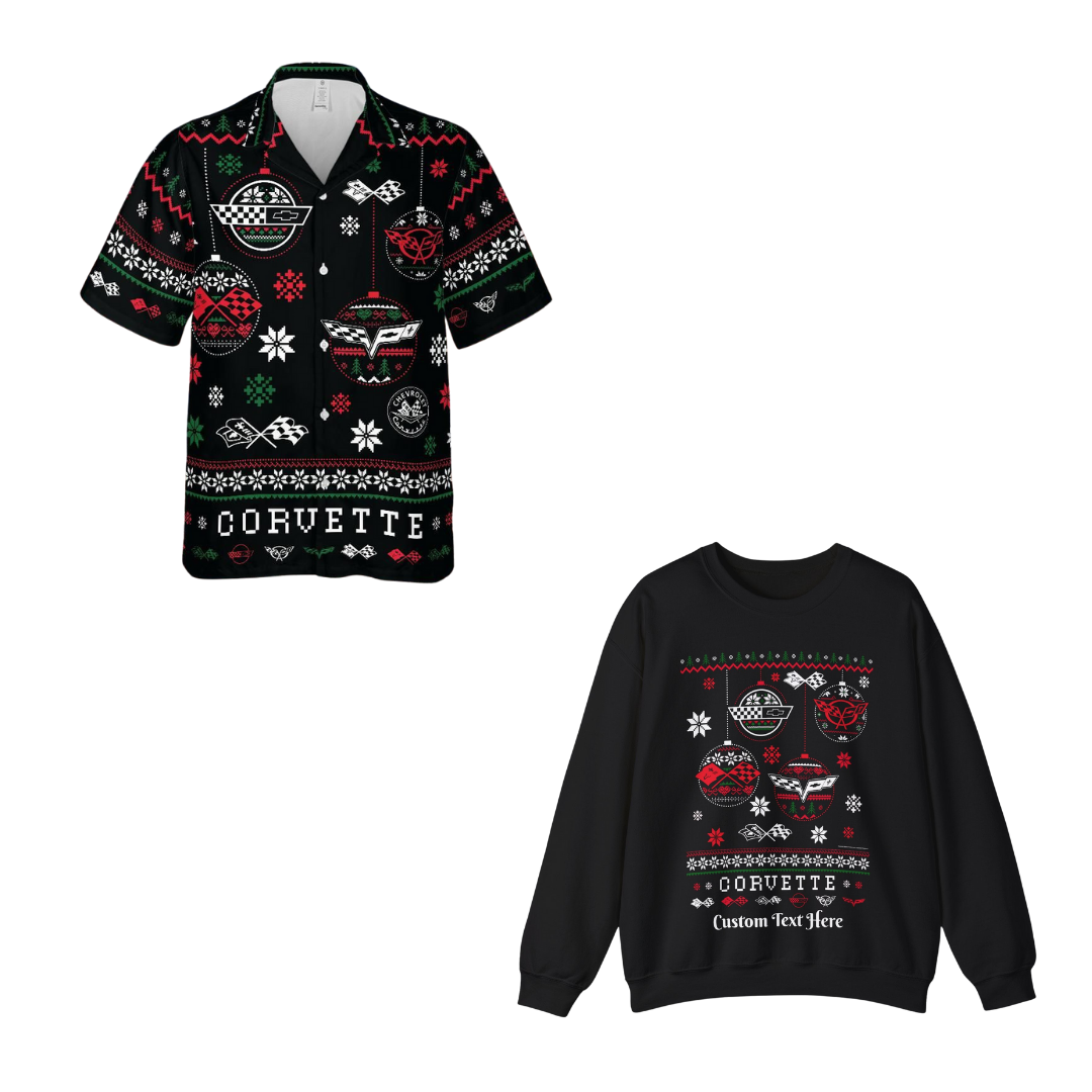Corvette Christmas Spirit 2-Pack – Ugly Christmas Sweatshirt & Holiday Hawaiian Shirt