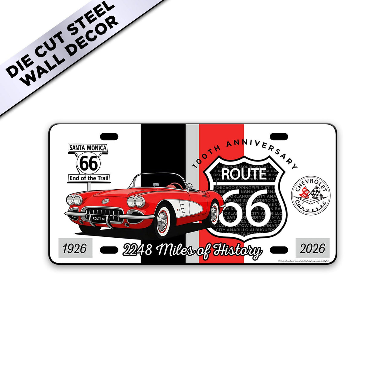 C1 Corvette Route 66 100th Anniversary 12" x 6" Wall Decor – Red & White Corvette Edition
