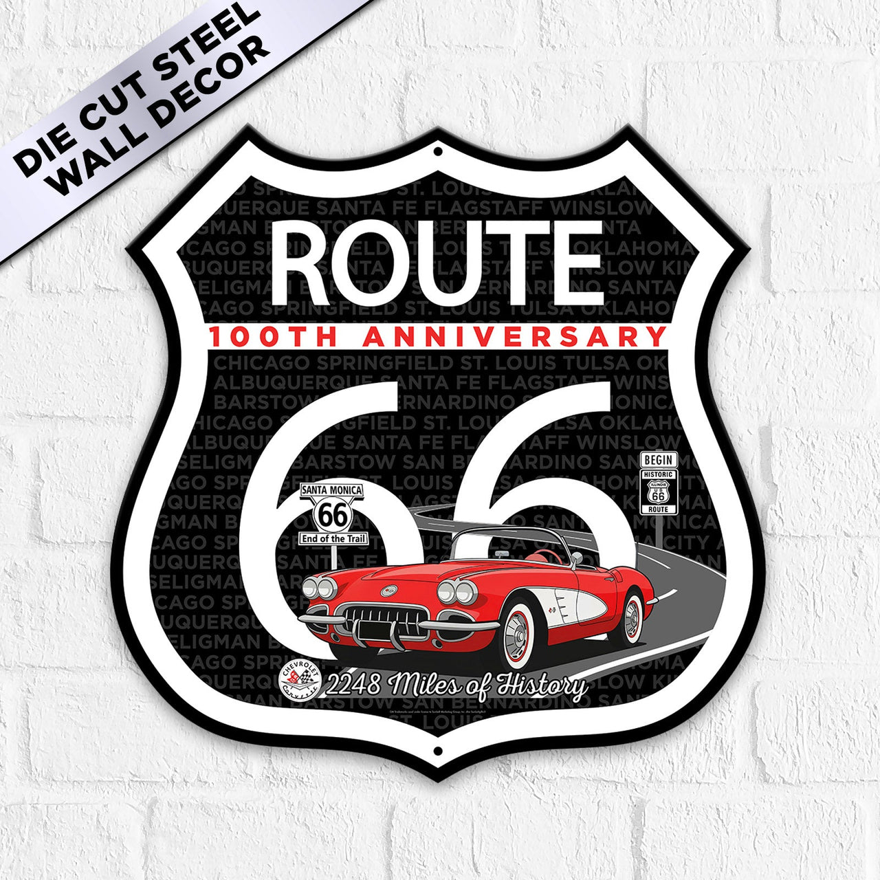 Route 66 100th Anniversary Die-Cut Shield Sign – Red Convertible Edition-Available in 2 Sizes