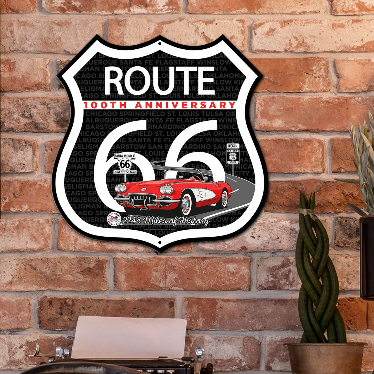 Route 66 100th Anniversary Die-Cut Shield Sign – Red Convertible Edition-Available in 2 Sizes