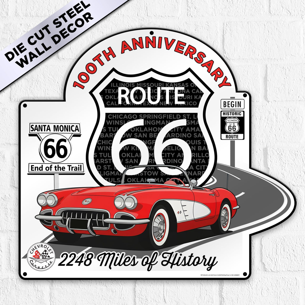 Route 66 100th Anniversary Metal Sign – Red C1 Corvette Edition- Available in 2 Sizes