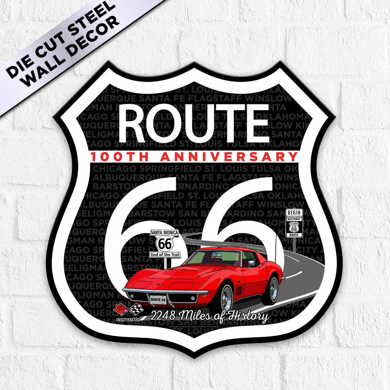 C3 Corvette Route 66 100th Anniversary Die-Cut Shield – Red Convertible Edition-Available in 2 Sizes