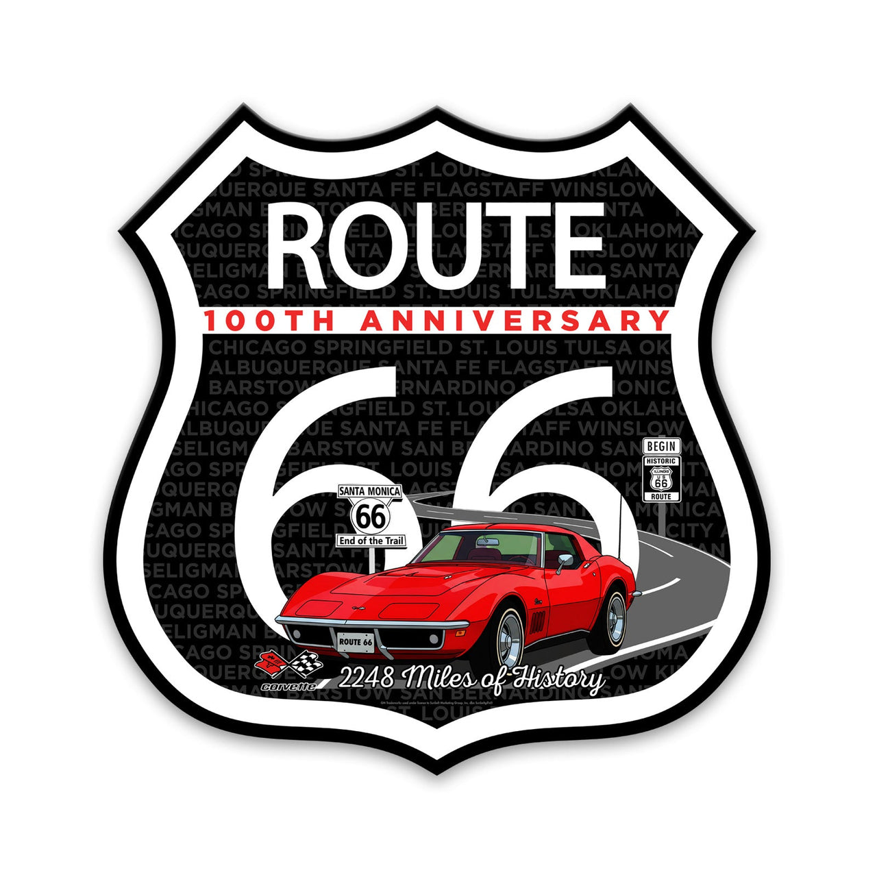 C3 Corvette Route 66 100th Anniversary Die-Cut Shield – Red Convertible Edition-Available in 2 Sizes