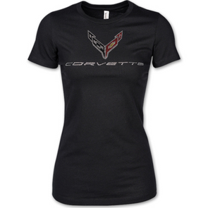 Ladies C8 Corvette Crossed Flags Jeweled T-Shirt