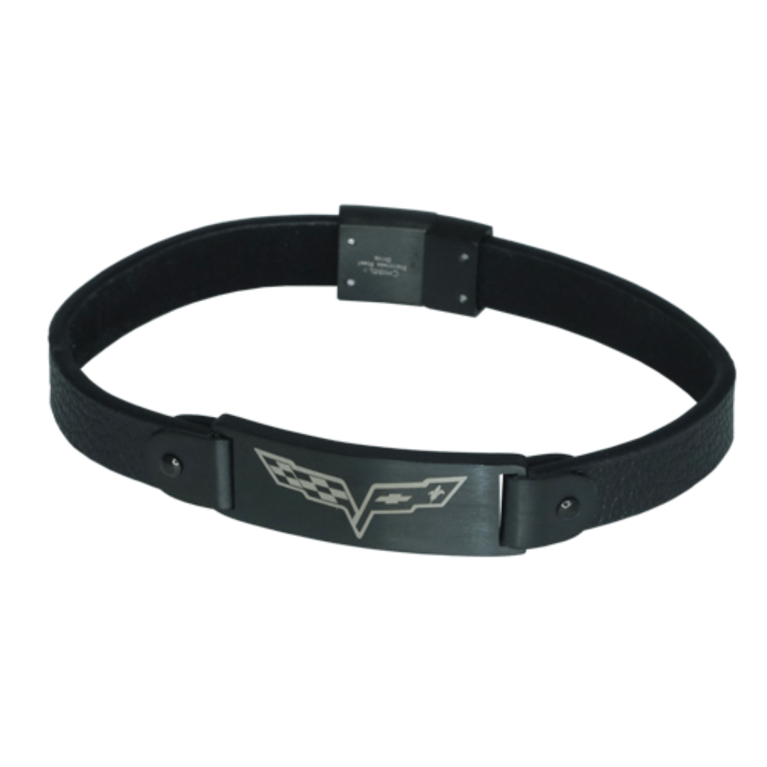 mens-c6-corvette-black-leather-bracelet-signet-ring-bundle