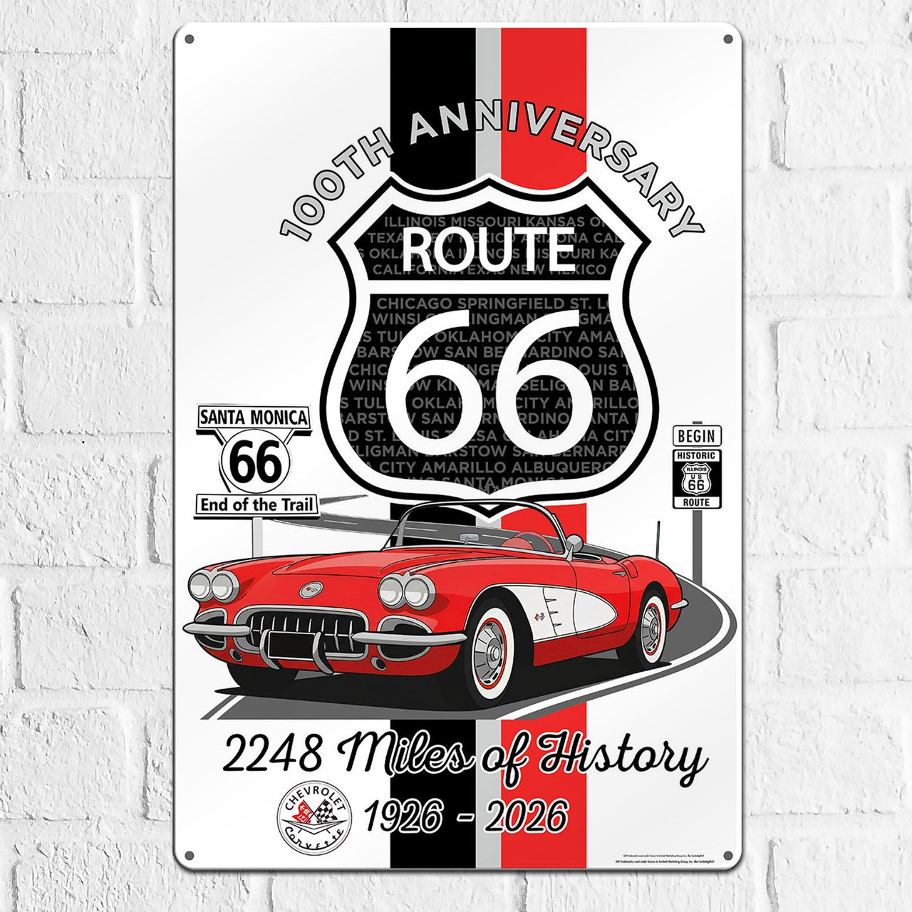 Route 66 100th Anniversary 12x18 Metal Sign – Red & White Corvette Edition