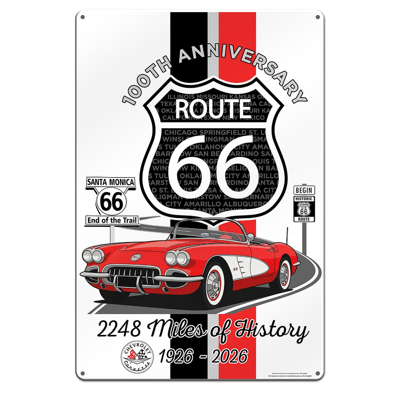 Route 66 100th Anniversary 12x18 Metal Sign – Red & White Corvette Edition