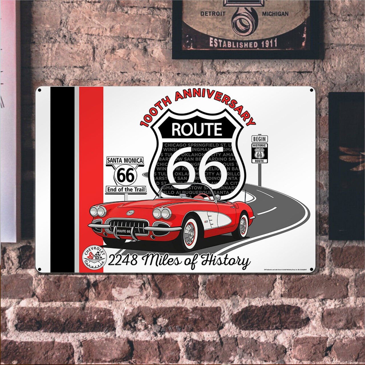 C1 Corvette Route 66 100th Anniversary 18x12 Metal Sign – Red & White Corvette Edition