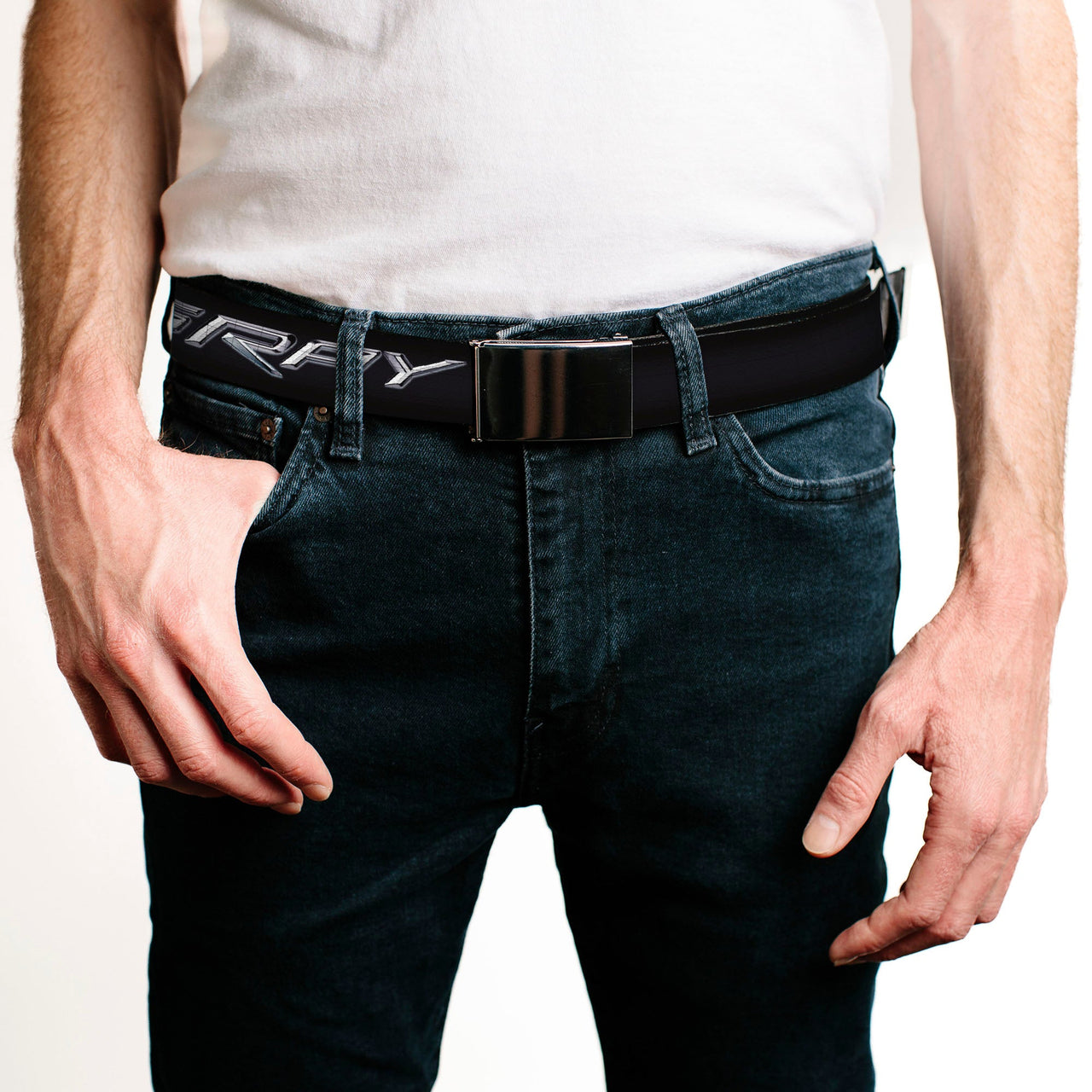 Chrome Buckle Web Belt - C7 STINGRAY Logo Black/Silver Webbing