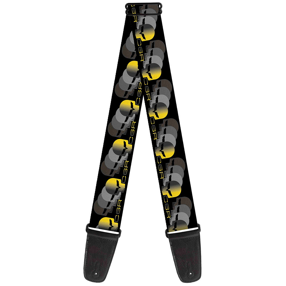 Guitar Strap - C6 Racing w Skull Repeat Black Yellow Silver