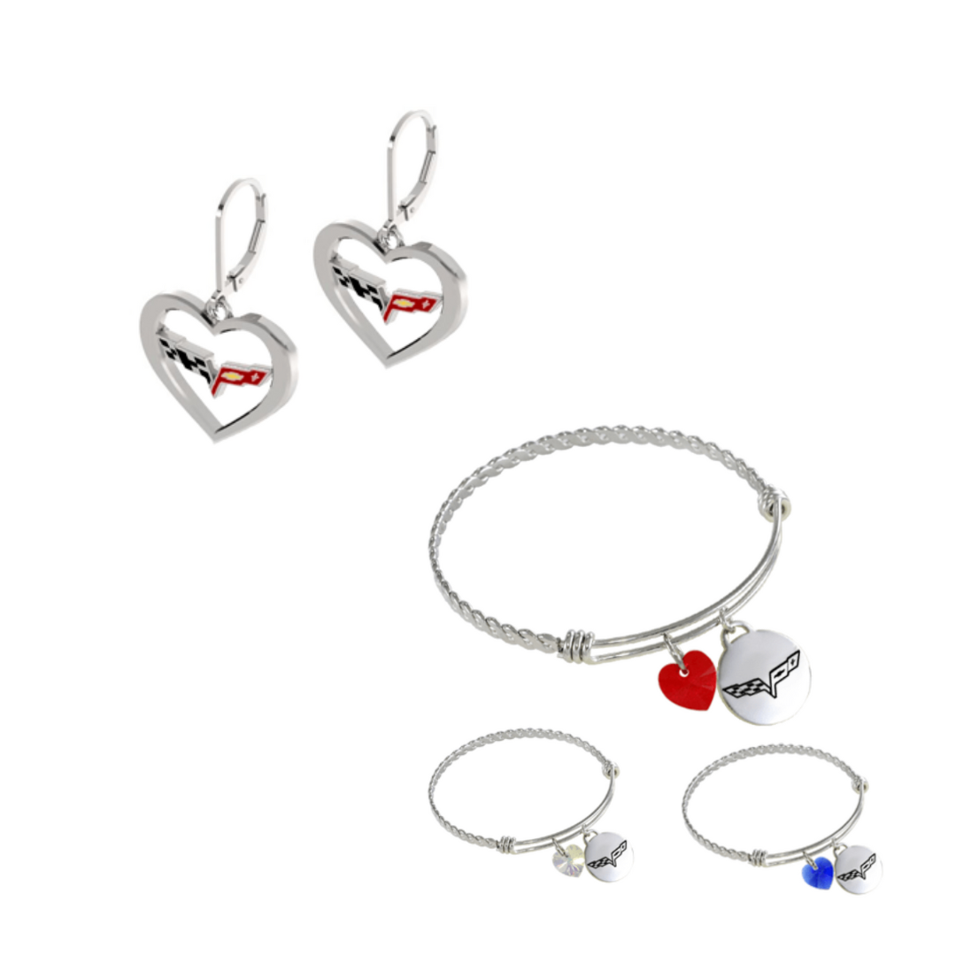 C6 Corvette Sterling Silver Heart Earrings & Bangle Charm Bracelet Bundle