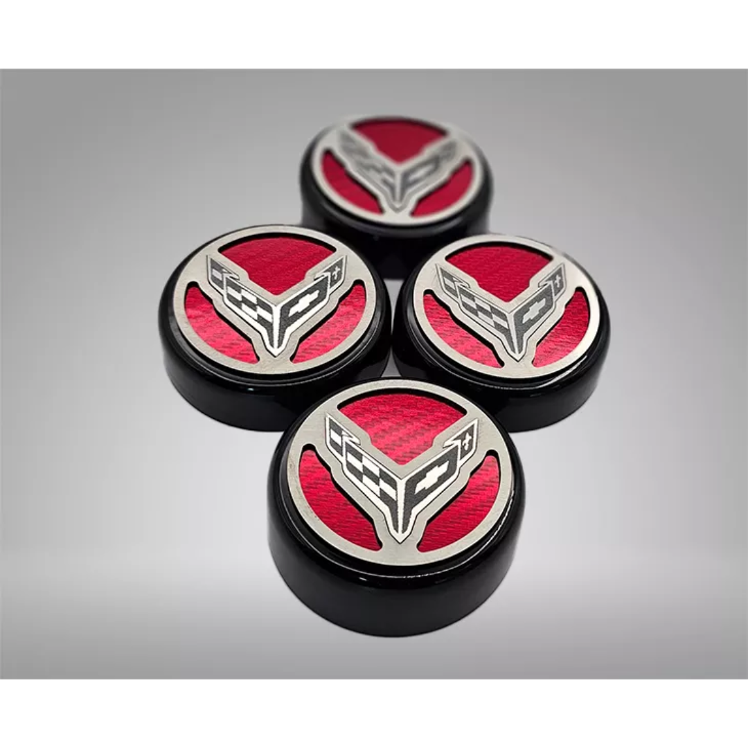 Corvette C8 Cap Cover Set 4pc Black Caps with Carbon Fiber Inserts Crossed Flags Logo with CF Color Choice