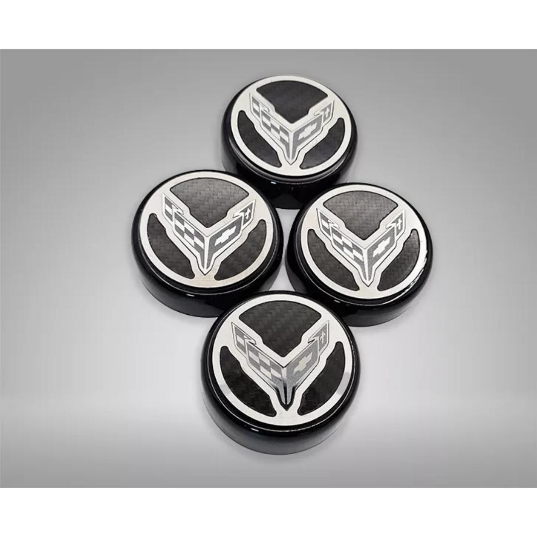 Corvette C8 Cap Cover Set 4pc Black Caps with Real Carbon Fiber Inserts Crossed Flags Logo