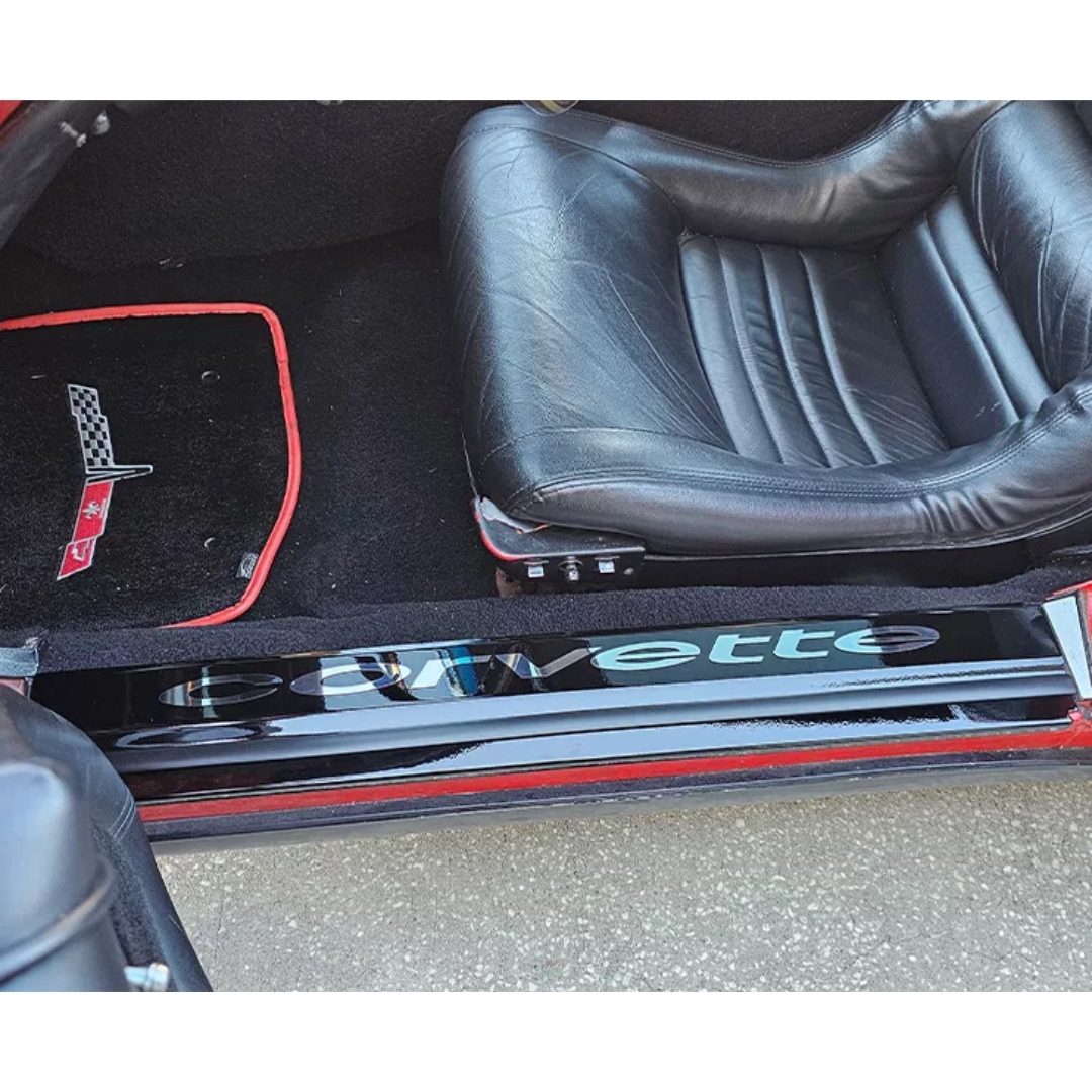 1978-1982 C3 Corvette Door Sills Gloss Black Powdercoat w/Polished Stainless Corvette Lettering 2Pc