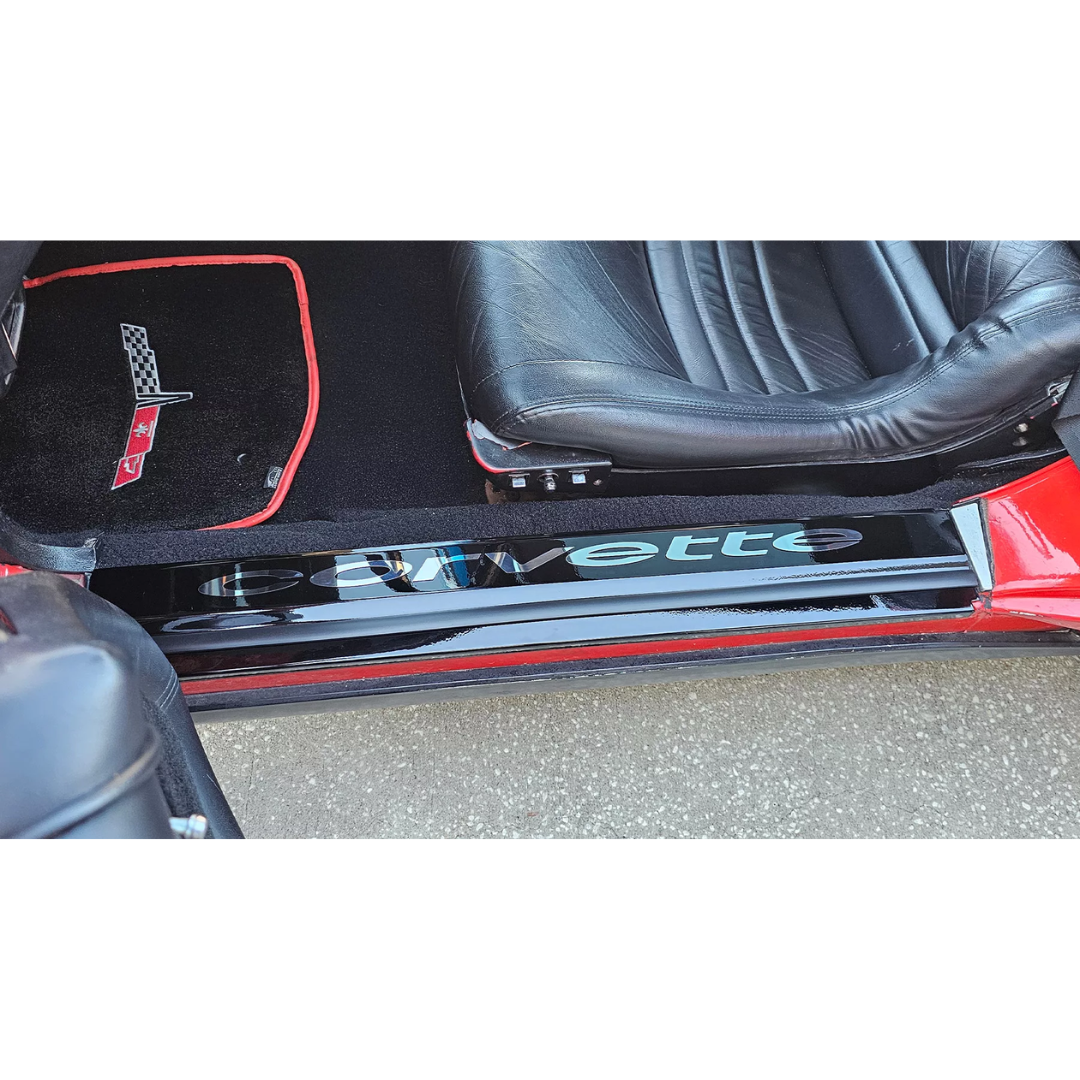 1978-1982 C3 Corvette Door Sills Gloss Black Powdercoat w/Polished Stainless Corvette Lettering 2Pc