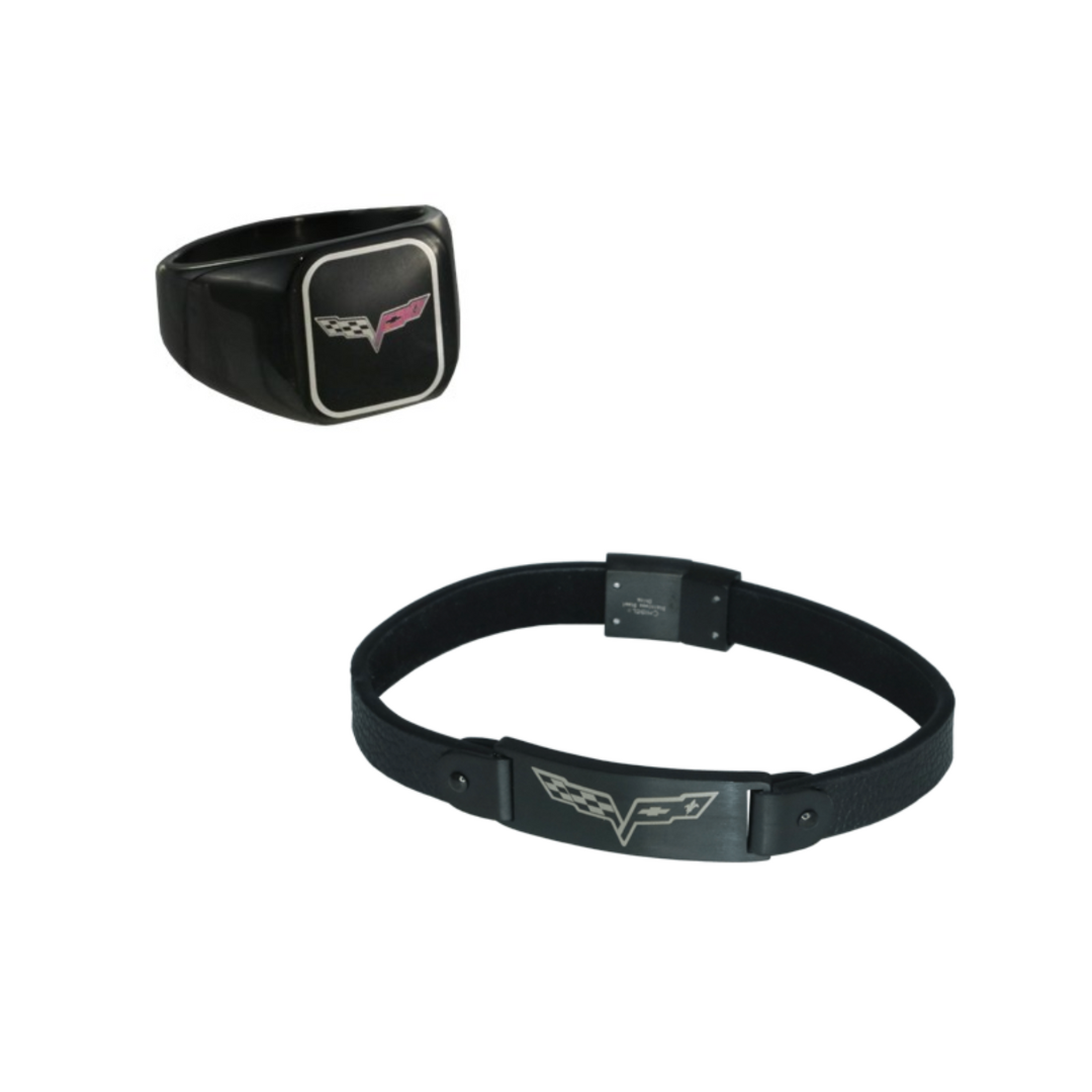 mens-c6-corvette-black-leather-bracelet-signet-ring-bundle