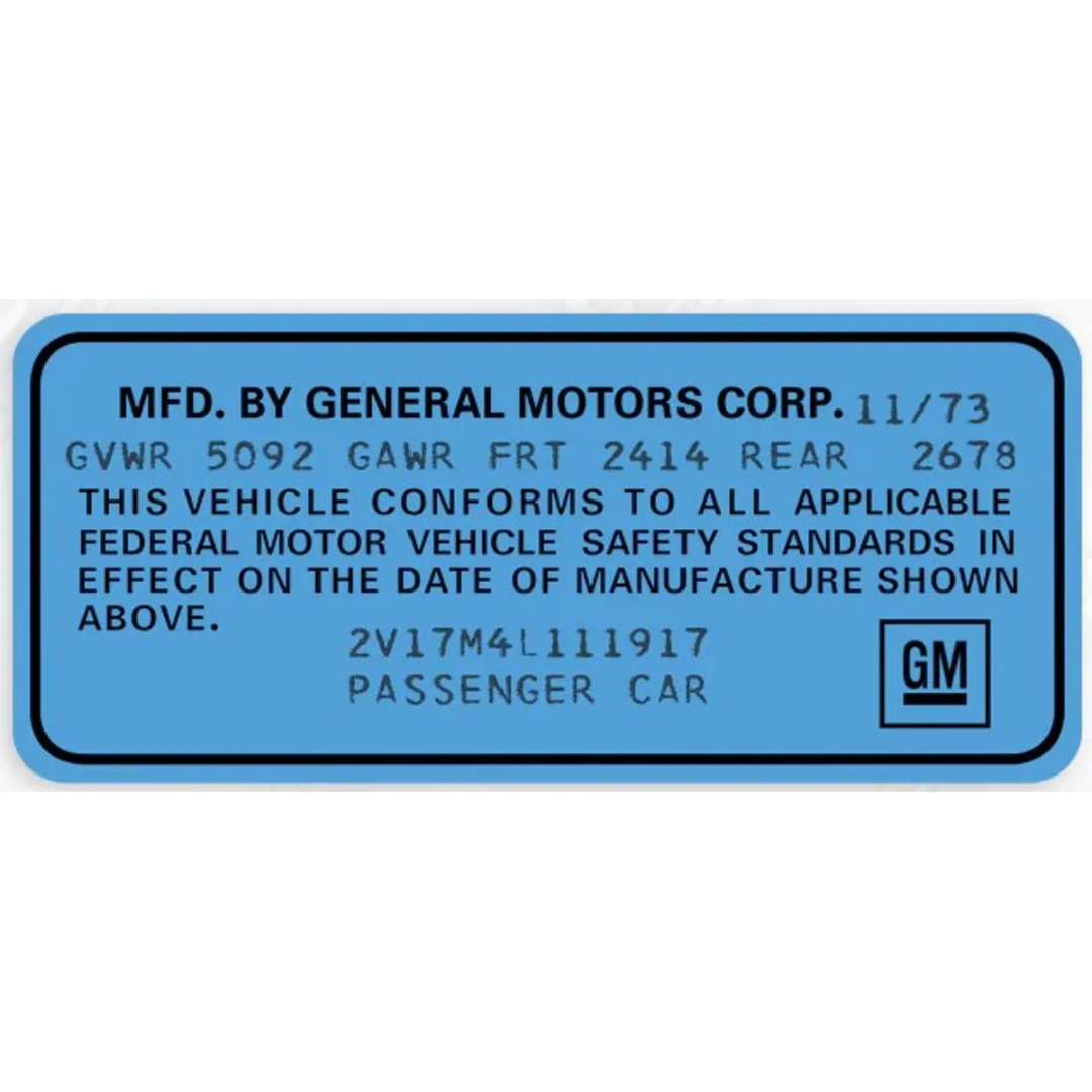 C3 1969-1972 Corvette GM Licensed Door Jamb VIN Data Decal - Blue - Sold Individually - CA