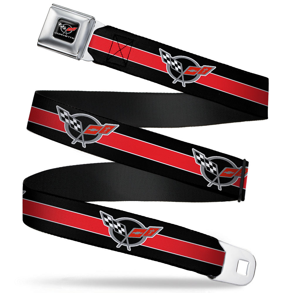 Corvette C6 Crossed Flags Logo Seatbelt Belt - Red Stripe