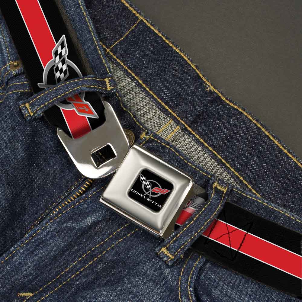 Corvette C6 Crossed Flags Logo Seatbelt Belt - Red Stripe