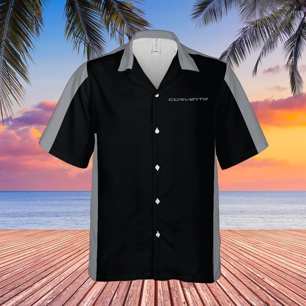 Corvette Hawaiian Shirt Black and Machine Silver Metallic