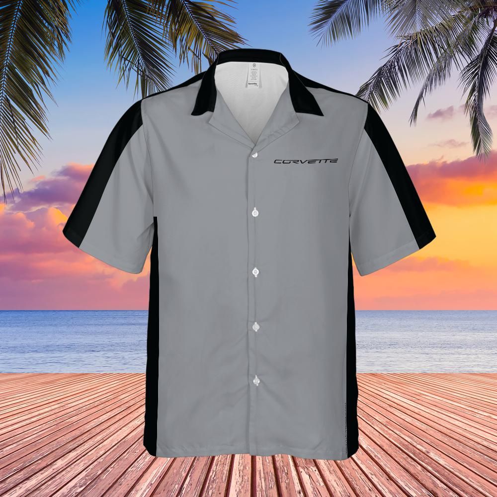 Chevrolet Corvette Hawaiian Shirt Machine Silver Metallic and Black