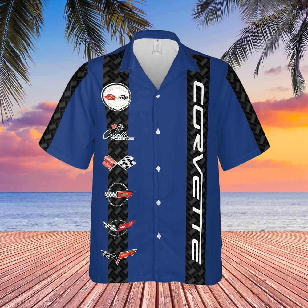 Corvette Generation Logos Blue Base with Carbon Stripes Hawaiian Shirt for Men