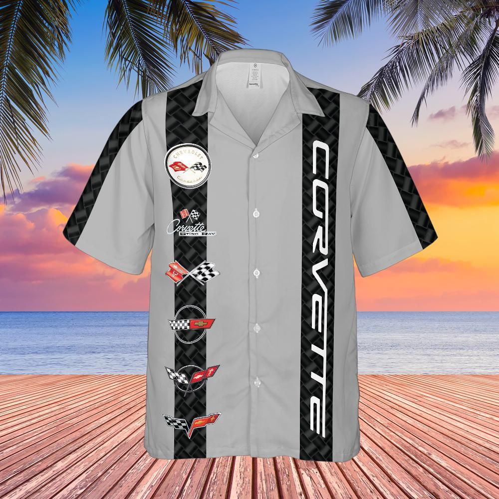 Corvette Generation Logos Light Grey Base with Carbon Stripes Hawaiian Shirt for Men