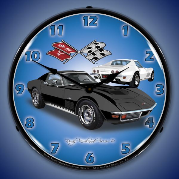 1971 Corvette Stingray Black Lighted Wall Clock - [Corvette Store Online]
